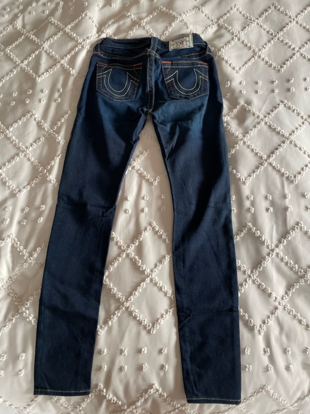 True Religion Dark Blue Curvy Skinny Jennie Jeans with Signature Back Stitching